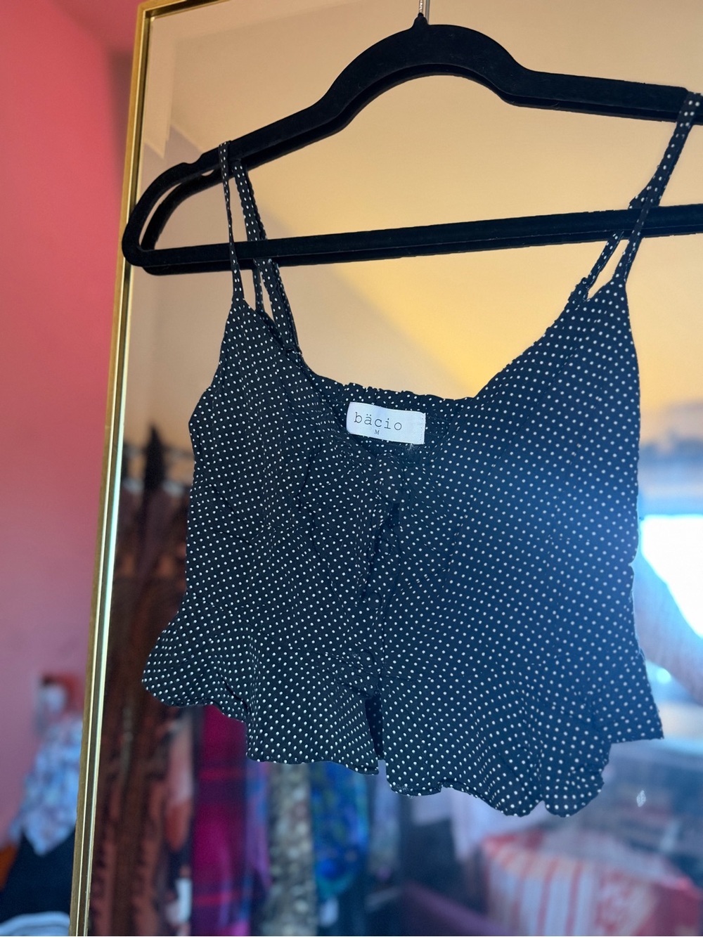 Bacio Black Polka Dot Spaghetti Strap Crop Top w Tie